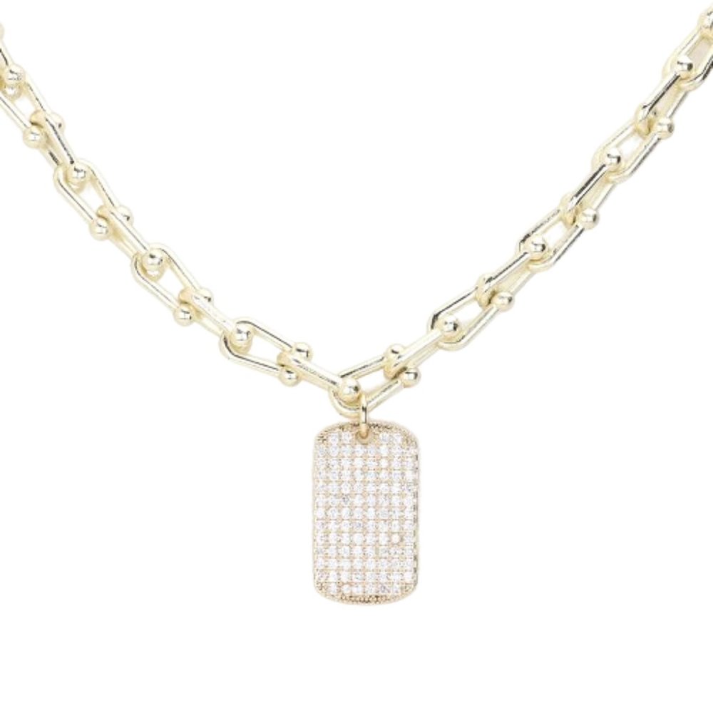 CZ Stone Paved Dog Tag Pendant Mans Necklace